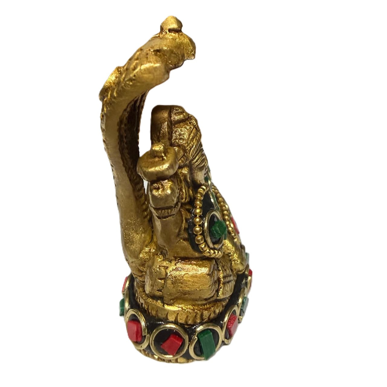 Svarn Studio Vishnu Lakshmi Brass Idol, Gold Finish, Red & Green Gemstone Work, Shesha Naga Canopy, 6x7 cm, Home Temple Décor