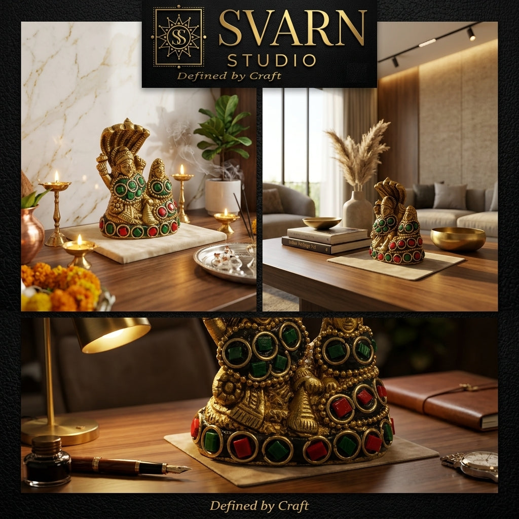 Svarn Studio Vishnu Lakshmi Brass Idol, Gold Finish, Red & Green Gemstone Work, Shesha Naga Canopy, 6x7 cm, Home Temple Décor