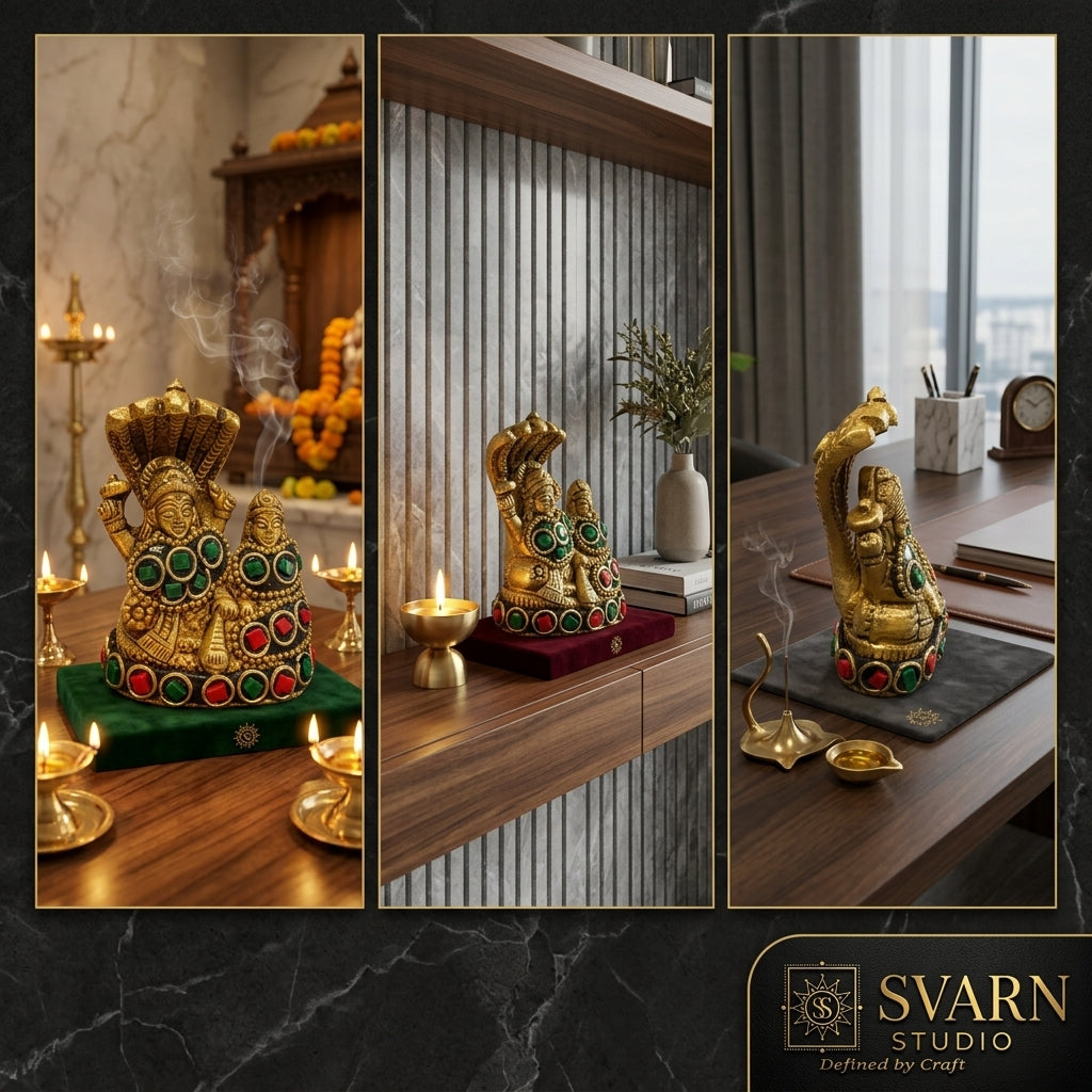 Svarn Studio Vishnu Lakshmi Brass Idol, Gold Finish, Red & Green Gemstone Work, Shesha Naga Canopy, 6x7 cm, Home Temple Décor