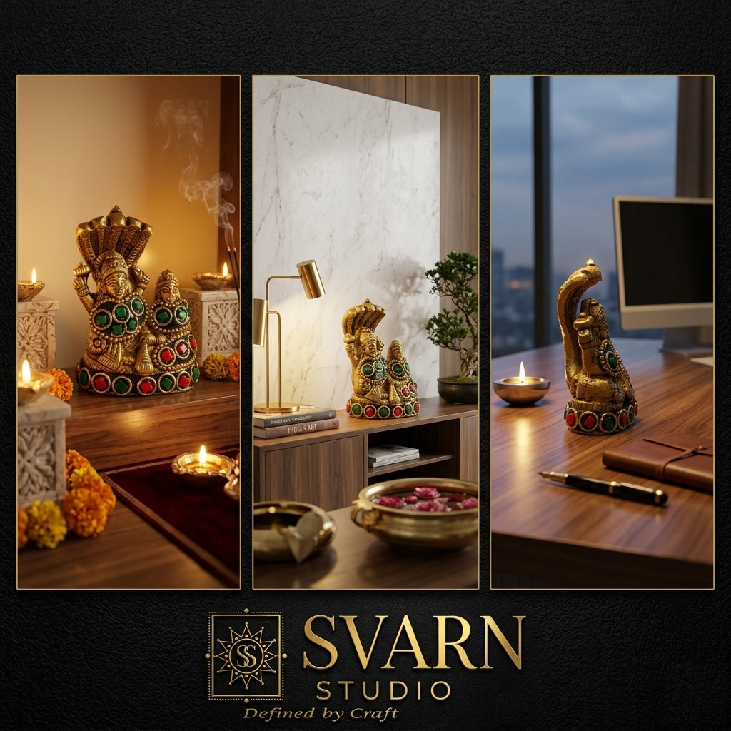 Svarn Studio Vishnu Lakshmi Brass Idol, Gold Finish, Red & Green Gemstone Work, Shesha Naga Canopy, 6x7 cm, Home Temple Décor