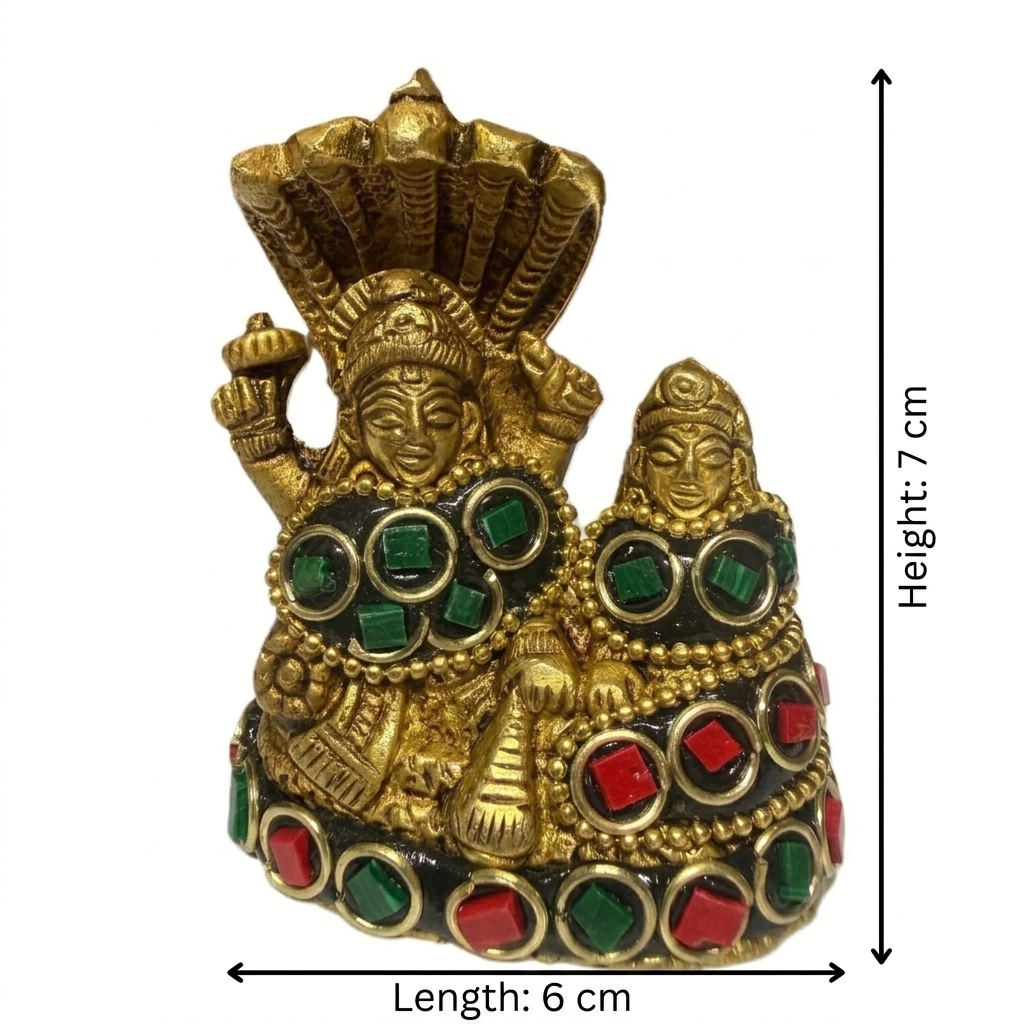 Svarn Studio Vishnu Lakshmi Brass Idol, Gold Finish, Red & Green Gemstone Work, Shesha Naga Canopy, 6x7 cm, Home Temple Décor