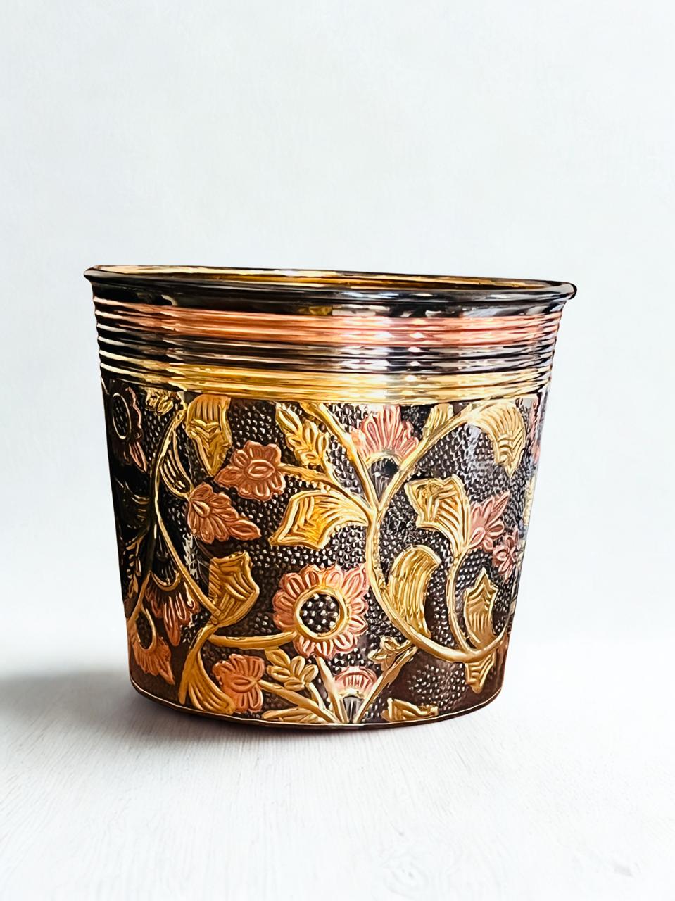 Svarn Studio pure brass decorative planter handcrafted hammered floral design antique finish 9.5x11 inch home decor