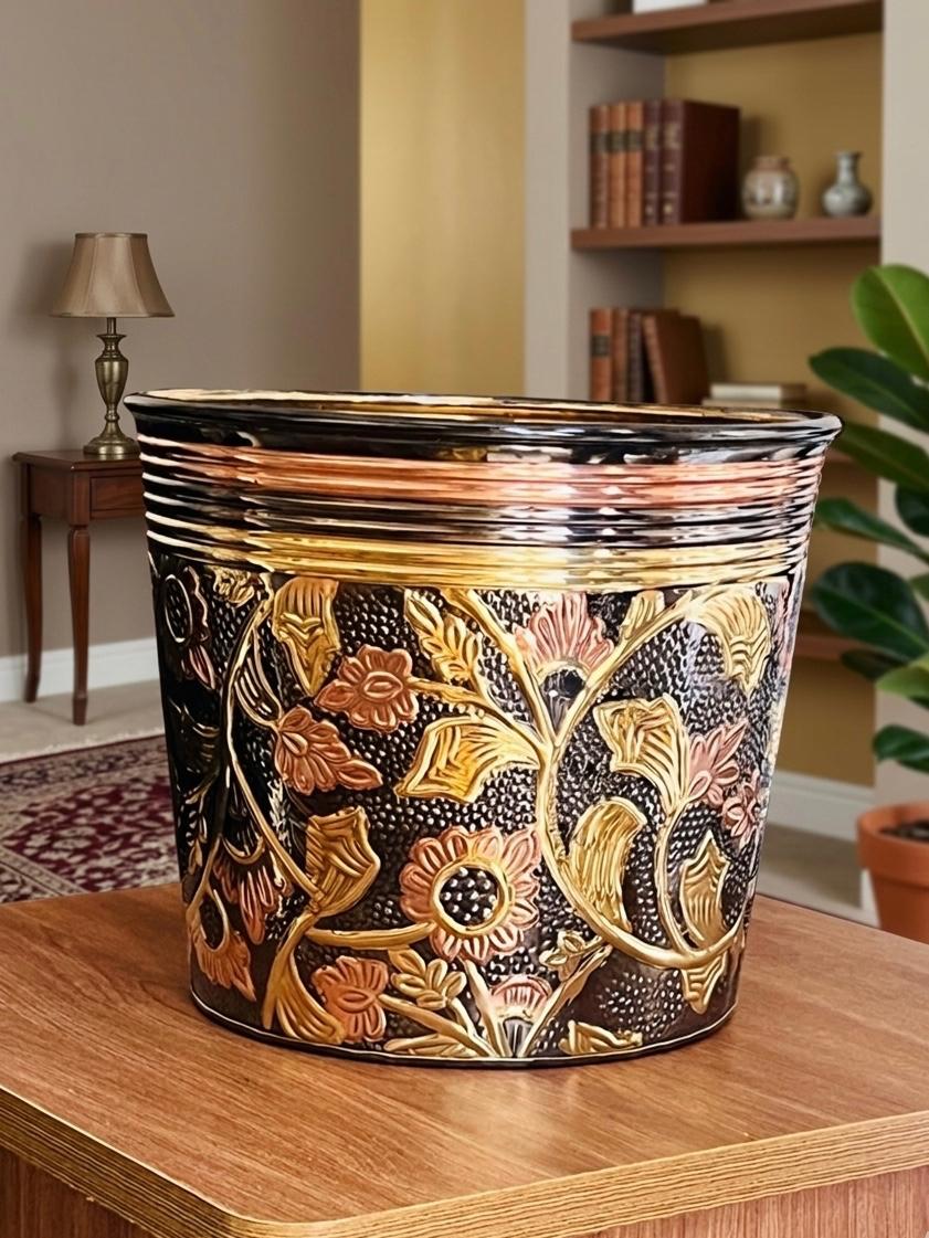 Svarn Studio pure brass decorative planter handcrafted hammered floral design antique finish 9.5x11 inch home decor