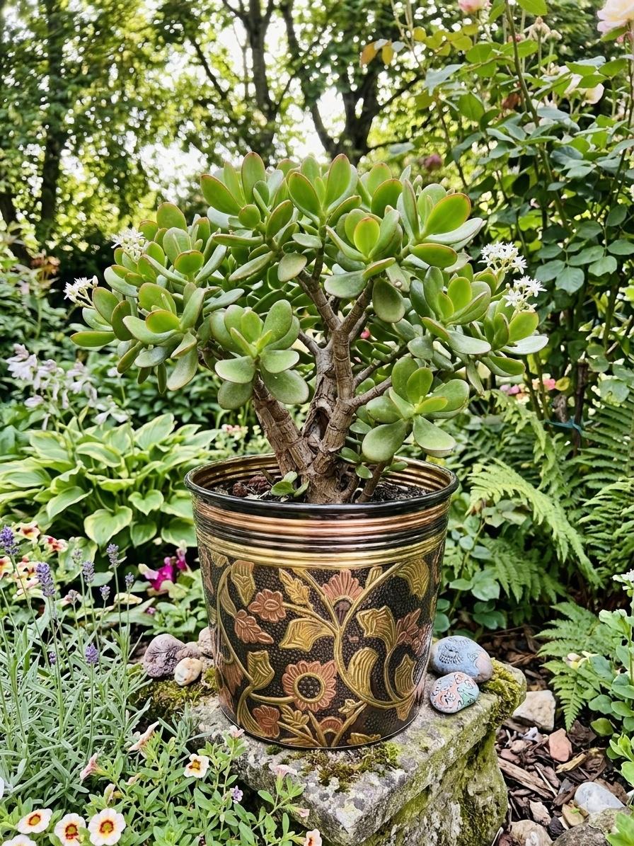 Svarn Studio pure brass decorative planter handcrafted hammered floral design antique finish 9.5x11 inch home decor