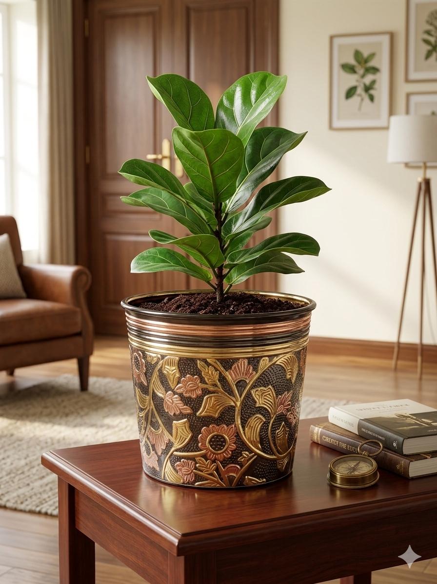 Svarn Studio pure brass decorative planter handcrafted hammered floral design antique finish 9.5x11 inch home decor