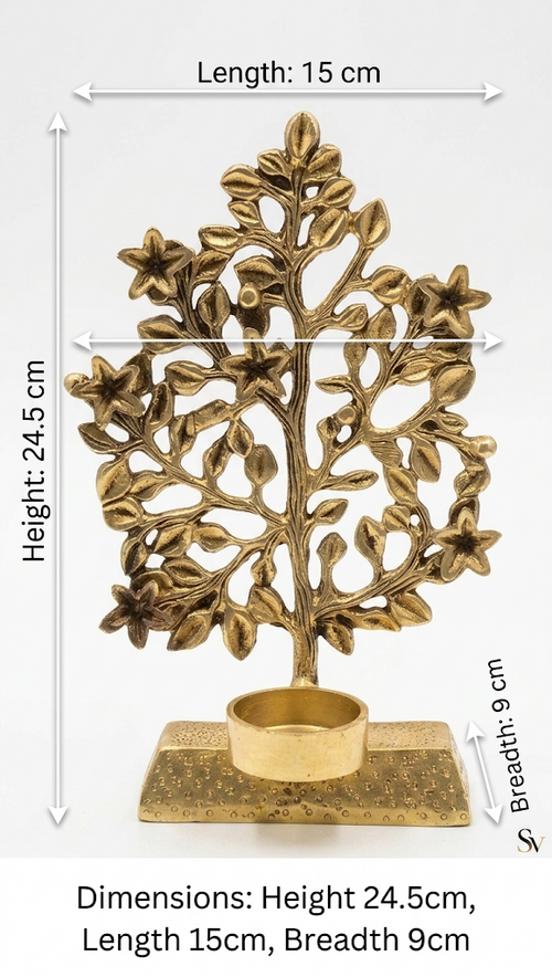 Brass Kalp Vriksh Candle Stand | Tree of Life Tealight Holder | Handcrafted Antique Gold