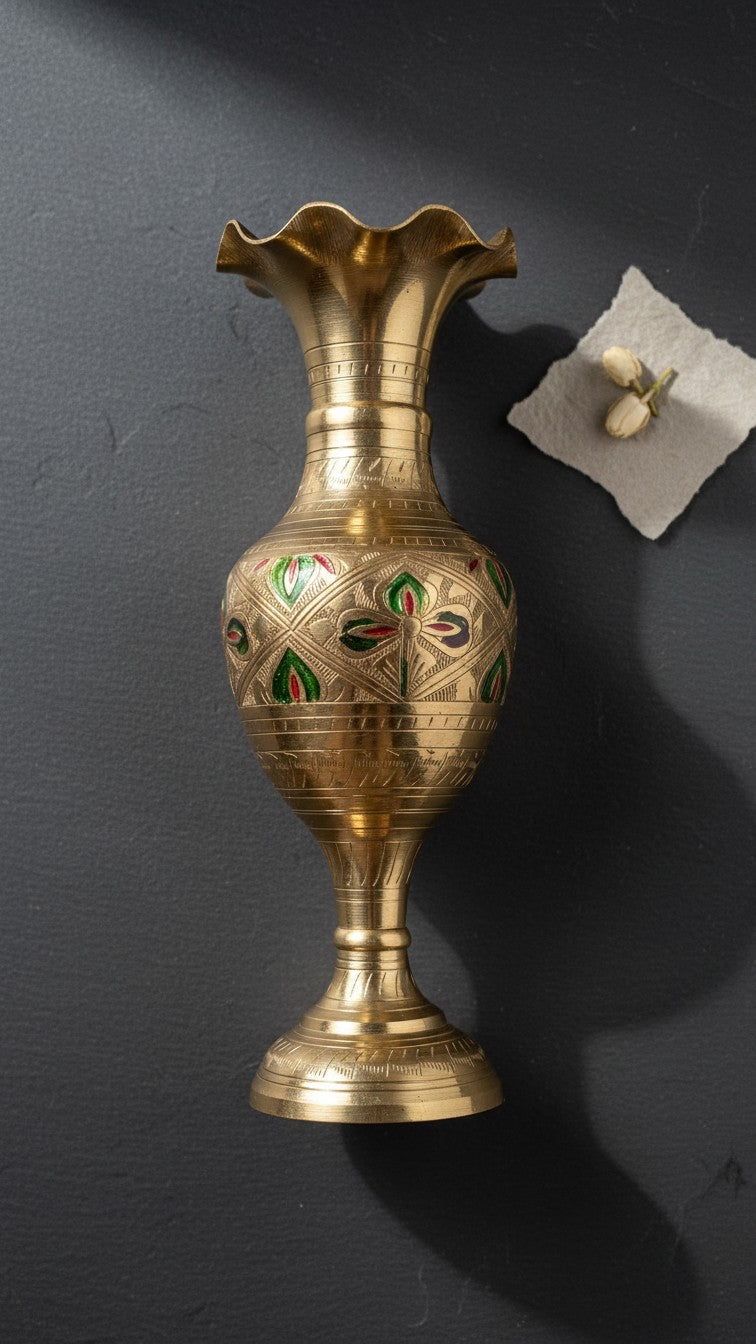 Pure Brass Meenakari Trumpet Vase | Handcrafted Floral Enamel Design | Svarn Studio