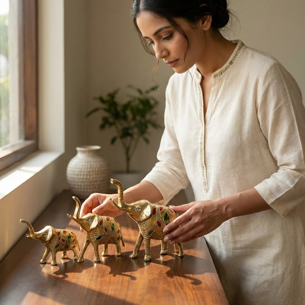 Brass Elephant Set of 3 | Hand-Painted Decorative Figurines | Svarn Studio