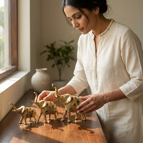 Brass Elephant Set of 3 | Hand-Painted Decorative Figurines | Svarn Studio