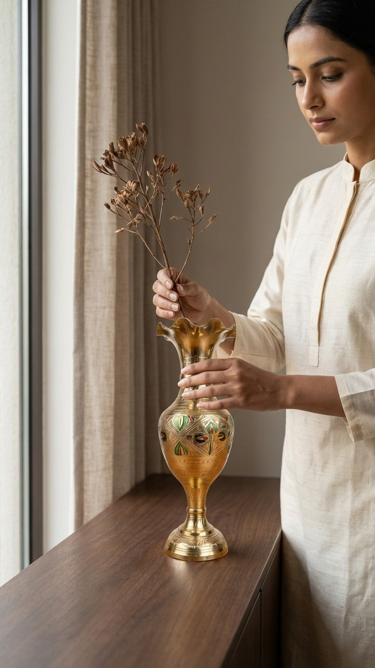 Pure Brass Meenakari Trumpet Vase | Handcrafted Floral Enamel Design | Svarn Studio