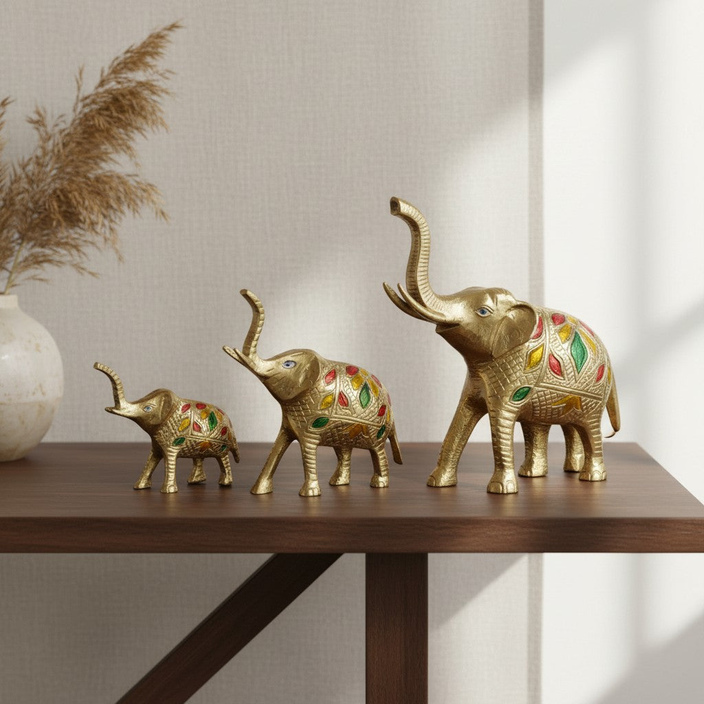 Brass Elephant Set of 3 | Hand-Painted Decorative Figurines | Svarn Studio