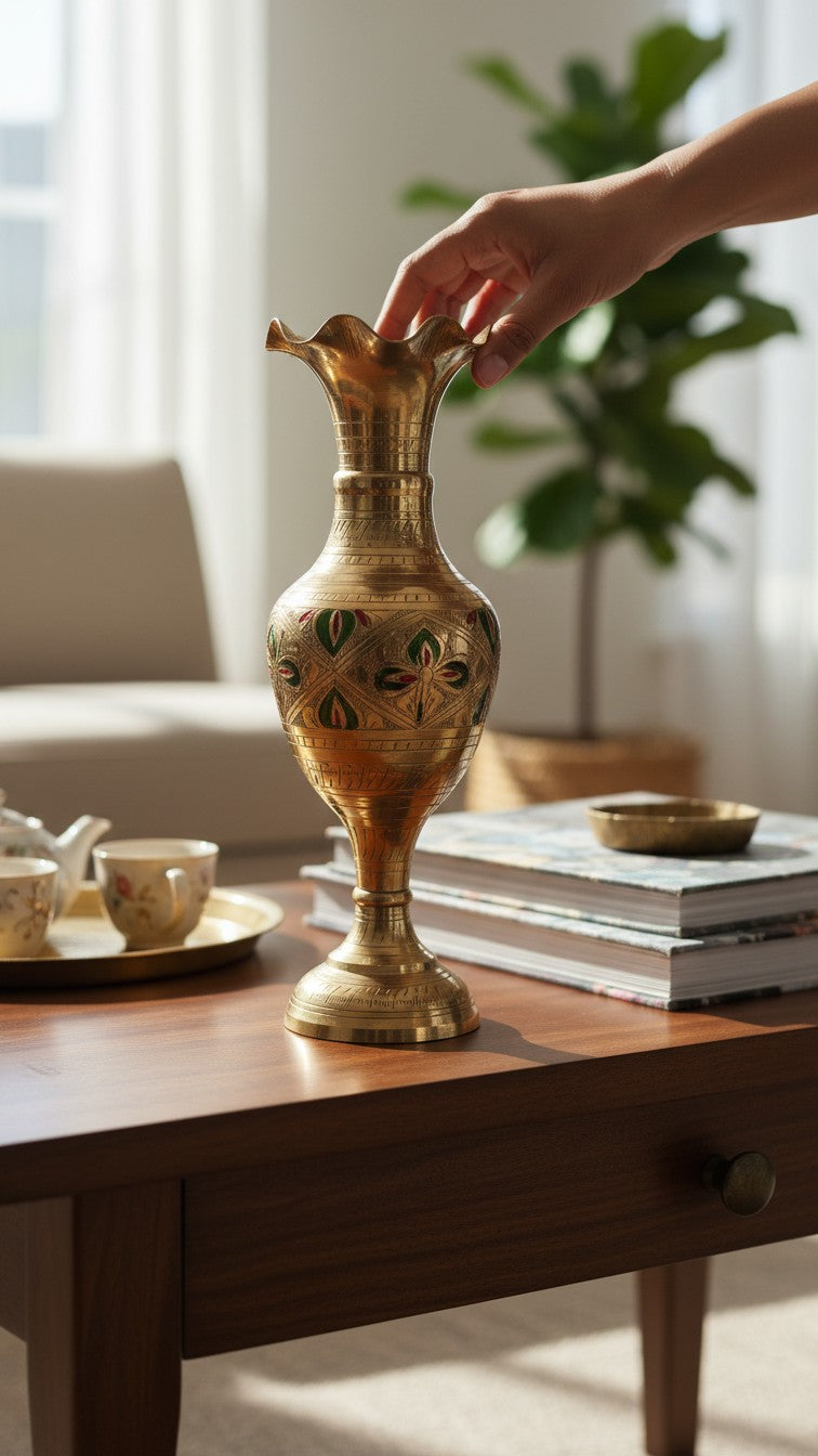 Pure Brass Meenakari Trumpet Vase | Handcrafted Floral Enamel Design | Svarn Studio