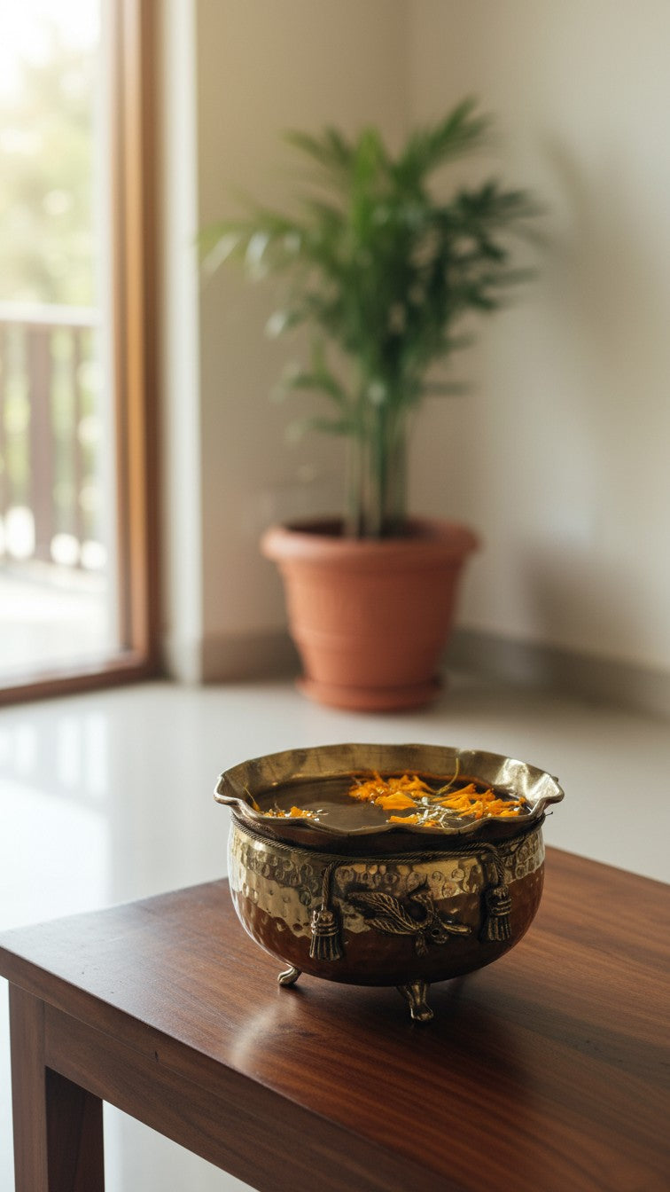 Svarn Studio pure antique brass rose bowl handcrafted urli floating flower bowl hammered finish home decor