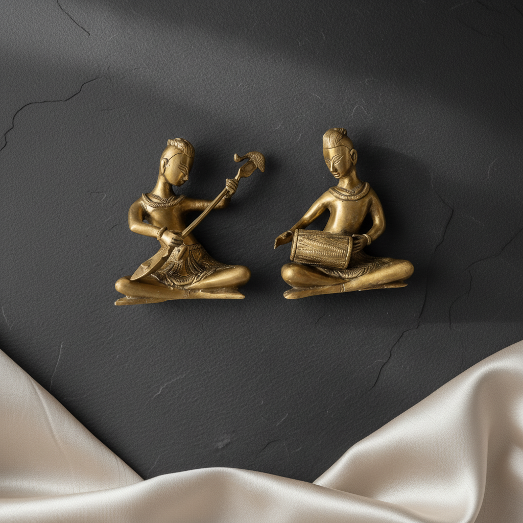 Pure Brass Musician Pair Showpiece | Handcrafted Classical Indian Musician Set | Svarn Studio
