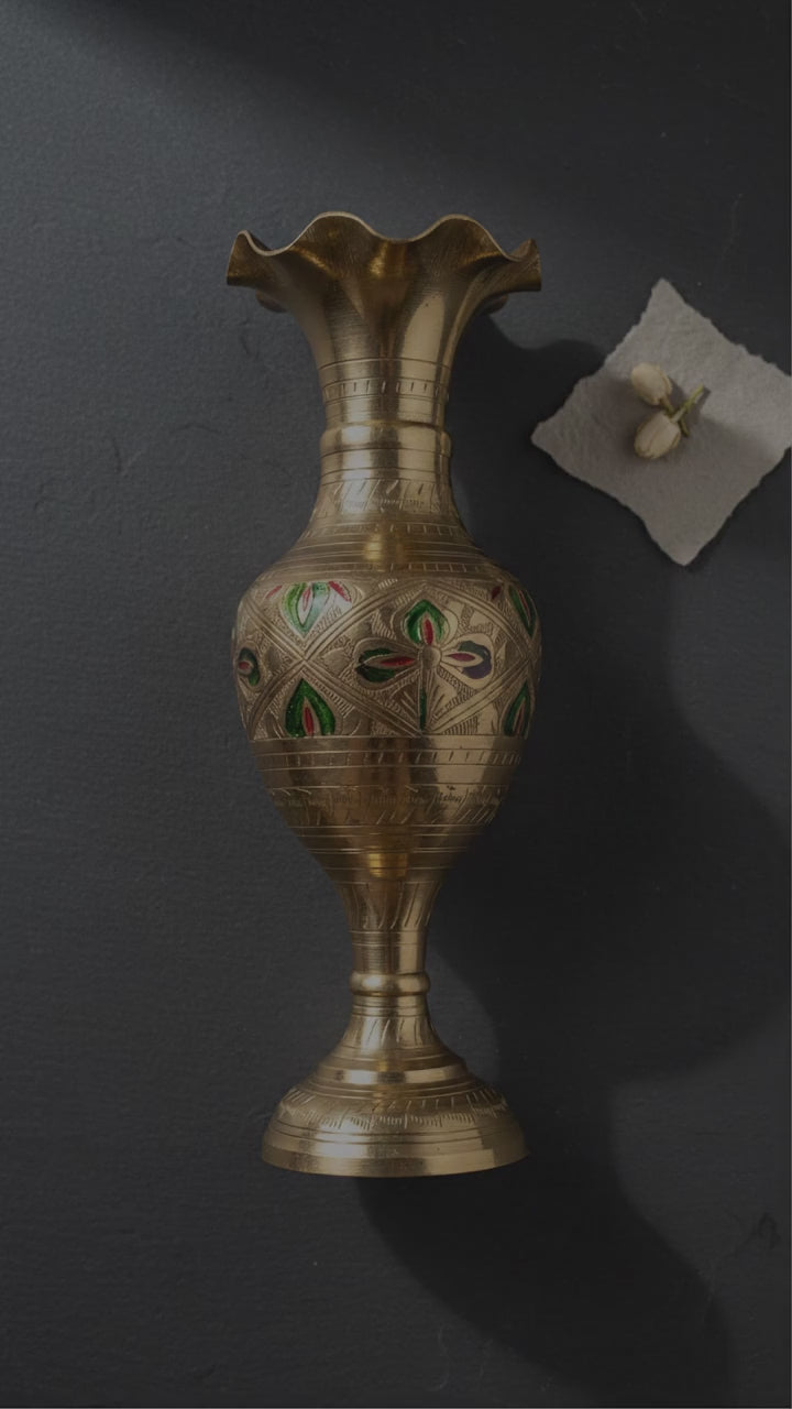 Pure Brass Meenakari Trumpet Vase | Handcrafted Floral Enamel Design | Svarn Studio